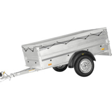 Autoanhänger aus verzinktem Stahl mit Flachplane, zwei Rädern und Anhängerkupplung.