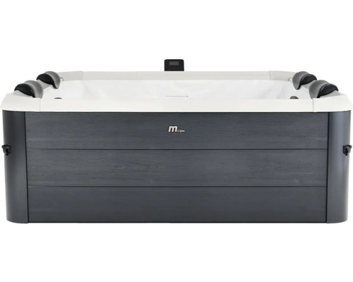 Rechteckiger MSpa Whirlpool mit dunkler Verkleidung in Holzoptik, weißem Innenbecken und schwarzen Nackenstützen.