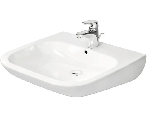 Weißes Keramikwaschbecken inklusive verchromter Einhebelmischbatterie und Überlauf.