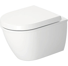 Wand-WC mit Toilettendeckel aus weißer Keramik, spülrandloses Design.