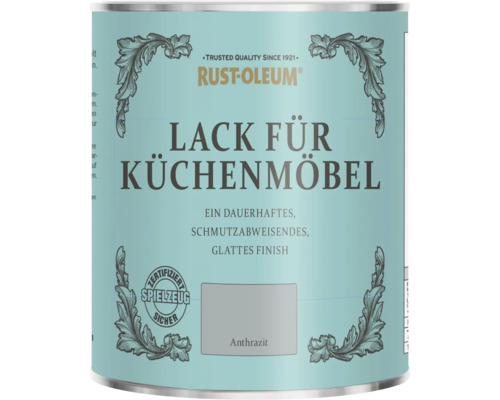 Dose Rust-Oleum Lack für Küchenmöbel in Anthrazit, Rust-Oleum Logo, zertifiziert spielzeugsicher, für ein schmutzabweisendes und glattes Finish.