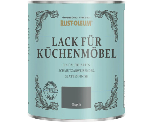 Rust-Oleum Küchenmöbellack in Graphit, glattes Finish, dauerhaft und schmutzabweisend, zertifiziert spielzeugsicher.