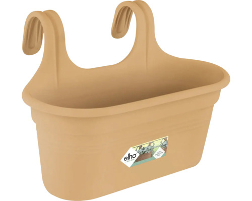 Balkonkasten von Elho aus Kunststoff mit integrierten Haken zum Aufhängen am Balkongeländer.