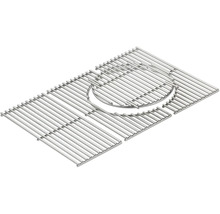 Rechteckiger Grillrost aus Edelstahl mit kreisförmigem, herausnehmbarem Mittelteil für modulares Zubehör.
