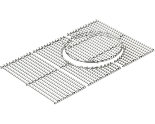 Rechteckiger Grillrost aus Edelstahl mit kreisförmigem, herausnehmbarem Mittelteil für modulares Zubehör.
