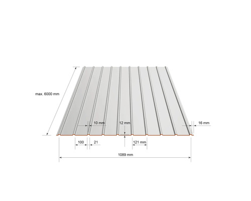 Trapezblech mit Maßen. Breite 1089 Millimeter, maximale Länge 6000 Millimeter, Profilhöhe 12 Millimeter.