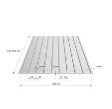 Trapezblech mit Maßen. Breite 1089 Millimeter, maximale Länge 6000 Millimeter, Profilhöhe 12 Millimeter.