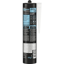 Rückseite einer Kartusche Pattex Kleben statt Bohren Wasserresistent, 450 Gramm, mit Anwendungshinweisen und Symbolen für Materialien.