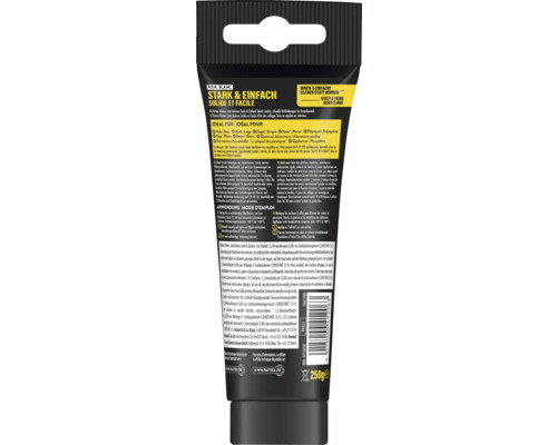 Rückansicht einer 250 Gramm Tube Pattex Kleben statt Bohren Stark und Einfach Montagekleber mit Produktinformationen und Gebrauchsanweisung.