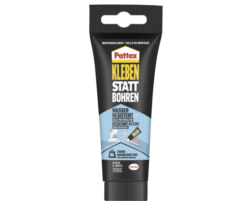 Pattex Kleben statt Bohren Wasserresistent Montagekleber Tube für innen und außen mit starker Anfangshaftung, Pattex Logo, Henkel Logo.