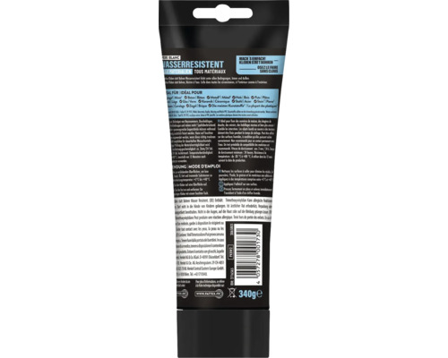 Rückansicht der Tube Pattex Kleben statt Bohren Wasserresistent, 340 Gramm, mit Anwendungshinweisen und technischen Details.
