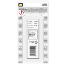 Rückseite der Verpackung von Pattex Sekundenkleber Plastik mit Pattex Logo, Sicherheitshinweisen, Materialübersicht und Gefahrensymbol.