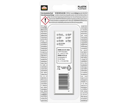Rückseite der Verpackung von Pattex Sekundenkleber Plastik mit Pattex Logo, Sicherheitshinweisen, Materialübersicht und Gefahrensymbol.