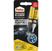 Pattex Sekundenkleber für Kunststoffe wie PE, PP und PTFE, bestehend aus einem Aktivator-Stift und einer Klebstofftube.