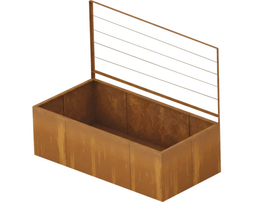 Hochbeet aus Cortenstahl mit integriertem Rankgitter für Kletterpflanzen.