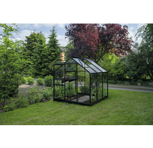 Modernes Gewächshaus mit schwarzem Aluminiumrahmen und Glasscheiben in einem weitläufigen Garten mit Rasen und Bäumen.