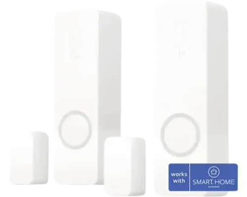 Philips Hue Secure Tür-/ Fensterkontakt weiss 2 Stk. Zwei weiße Smart Home Tür- und Fenstersensoren mit Magneten und works with SMART HOME by hornbach Logo.