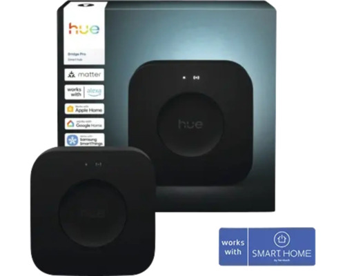 Schwarzer Philips Hue Bridge Pro Smart Hub, kompatibel mit Matter, Alexa, Apple Home, Google Home, Samsung SmartThings und Hornbach Smart Home.