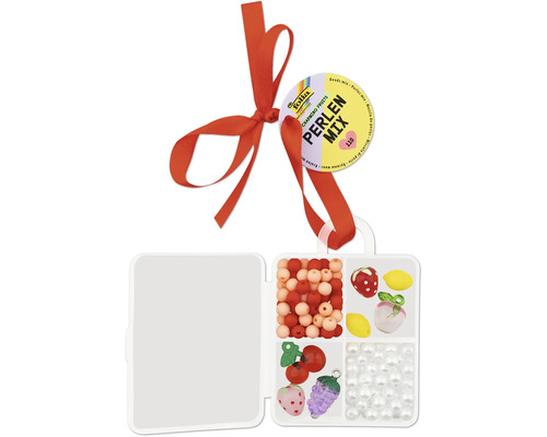 Folia Perlen Mix Charming Fruits, 110-teiliges Set mit Perlen in Fruchtform und runden Perlen, inklusive rotem Schleifenband.