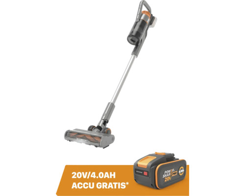 Worx Akku-Stielsauger mit motorisierter Bodendüse und gratis 20 Volt 4,0 Amperestunden Power Share Pro Akku.