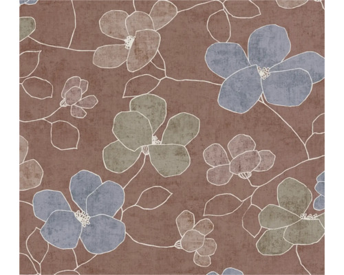 Vliestapete mit großem Blumenmuster, stilisierte Blüten in Blau und Grün auf braunem strukturiertem Untergrund.