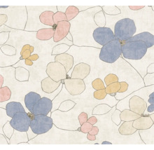 Vliestapete mit floralem Muster, handgezeichnete Blüten und Blätter in Blau, Rosa, Gelb und Beige, modernes Design.