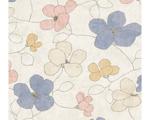 Vliestapete mit floralem Muster, handgezeichnete Blüten und Blätter in Blau, Rosa, Gelb und Beige, modernes Design.