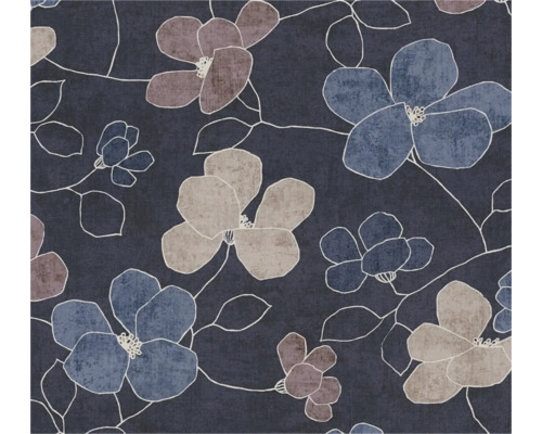 Vliestapete mit floralem Muster in Blau, Beige und Rosa mit großen Blüten und feinen Linien.