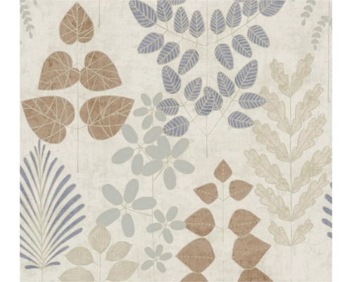 Tapete mit botanischem Blattmuster in Beige, Blau und Grau