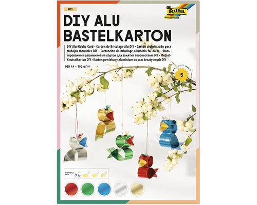 DIY Aluminium-Bastelkarton von folia, Format A4, 300 Gramm pro Quadratmeter, 5 Blatt, zum Schneiden und Basteln geeignet, folia Logo.