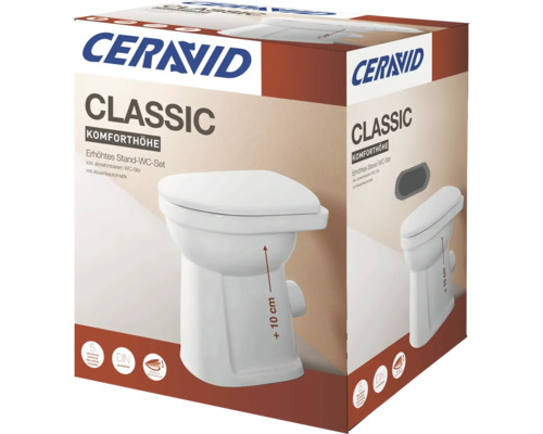 Ceravid Classic Komforthöhe, erhöhtes Stand-WC-Set inklusive abnehmbarem WC-Sitz mit Absenkautomatik, plus 10 Zentimeter Sitzhöhe.