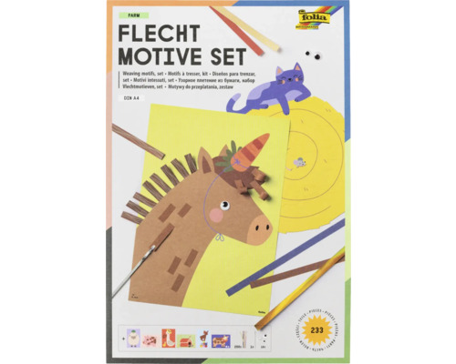 Folia Flecht Motive Set Farm mit 233 Teilen für Kinder. Enthält Papiermotive, Flechtstreifen und Wackelaugen im Format DIN A4.