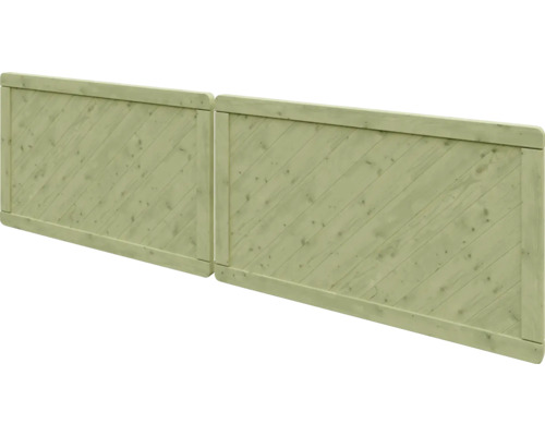 Sichtschutzzaun aus Holz mit diagonal angeordneten Lamellen und Rahmen.