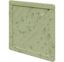 Zauntor aus hellgrünem Holz mit diagonalen Latten und Rahmen.