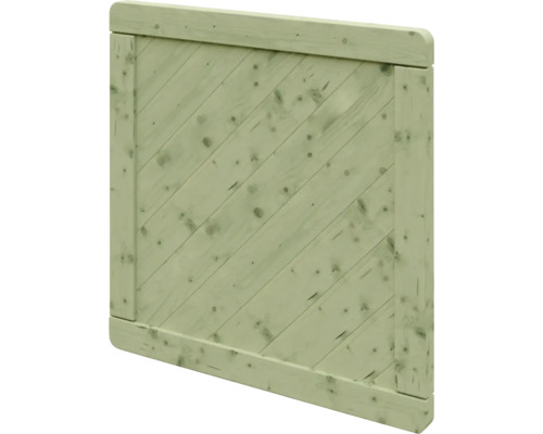 Zauntor aus hellgrünem Holz mit diagonalen Latten und Rahmen.