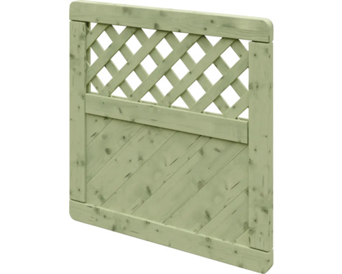 Schräges Sichtschutzelement aus kesseldruckimprägniertem Holz mit Rankgitter und diagonalen Lamellen.