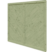 Sichtschutzelement aus imprägniertem Holz mit diagonal angeordneten Lamellen und umlaufendem Rahmen.