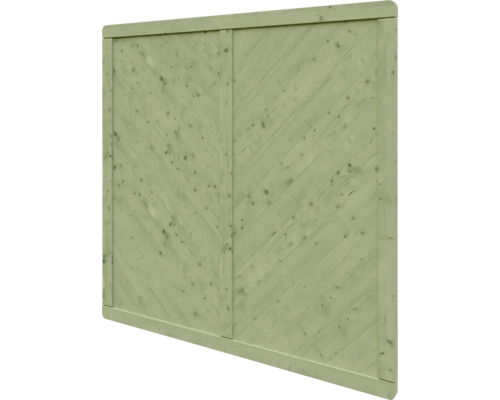 Sichtschutzelement aus imprägniertem Holz mit diagonal angeordneten Lamellen und umlaufendem Rahmen.