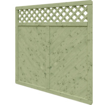 Holzzaun Sichtschutzelement in Grün mit Diagonal-Lattung und integriertem Rankgitter oben.