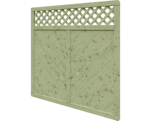 Holzzaun Sichtschutzelement in Grün mit Diagonal-Lattung und integriertem Rankgitter oben.