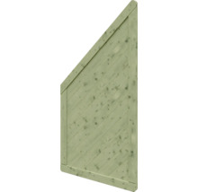 Abgeschrägtes Sichtschutzelement aus Holz, kesseldruckimprägniert, mit diagonalen Lamellen.
