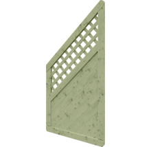 Schräges Sichtschutzelement aus Holz mit Gitteraufsatz und diagonalen Lamellen in Grün.