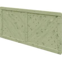 Sichtschutzelement aus Holz für den Garten in Hellgrün mit diagonalen Lamellen und Rahmen.