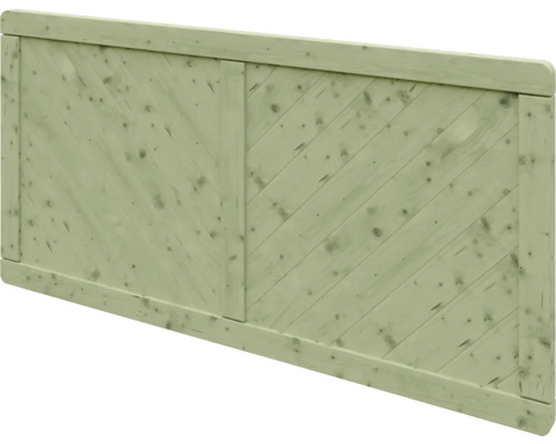 Sichtschutzelement aus Holz für den Garten in Hellgrün mit diagonalen Lamellen und Rahmen.