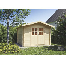 Gartenhaus aus Holz mit Doppeltür und Fenstern, Satteldach, im Garten auf einer Rasenfläche neben einem Baum.