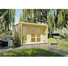 Modernes Gartenhaus aus Holz mit Flachdach, Doppelflügeltür mit Glaseinsätzen und Seitenfenster in einem hell gestalteten Garten.