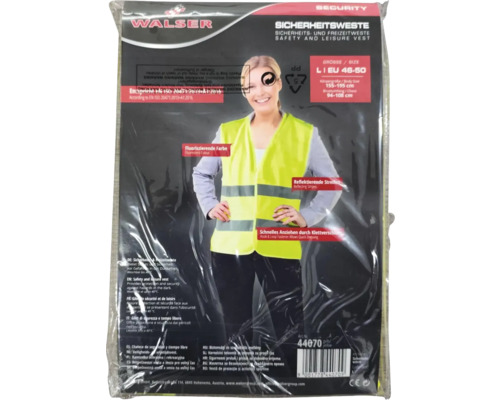 Walser Sicherheitsweste in Verkaufsverpackung, fluoreszierend Gelb mit zwei reflektierenden Streifen, Größe L, Klettverschluss.