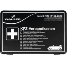 Kraftfahrzeug-Verbandkasten von Walser, Inhalt nach DIN 13164-2022, mit Erste-Hilfe-Kreuz und Auto-Symbol.