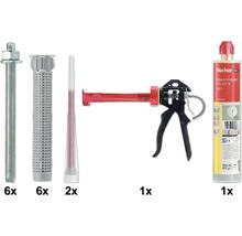Fischer Powermörtel Set FIS HT II 300 T: 6 Ankerstangen, 6 Siebhülsen, 2 Statikmischer, Auspresspistole und 300 Milliliter Kartusche.
