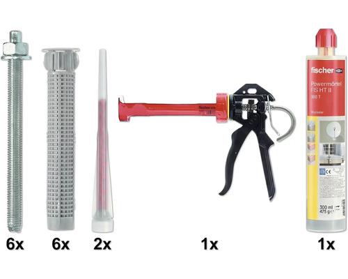 Fischer Powermörtel Set FIS HT II 300 T: 6 Ankerstangen, 6 Siebhülsen, 2 Statikmischer, Auspresspistole und 300 Milliliter Kartusche.